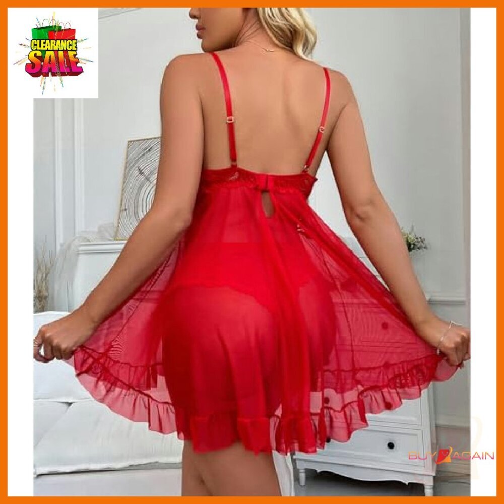 Sexy Lace Babydoll Chemise with Thong - Polyester Mesh Nightgown - Picture 3 of 7